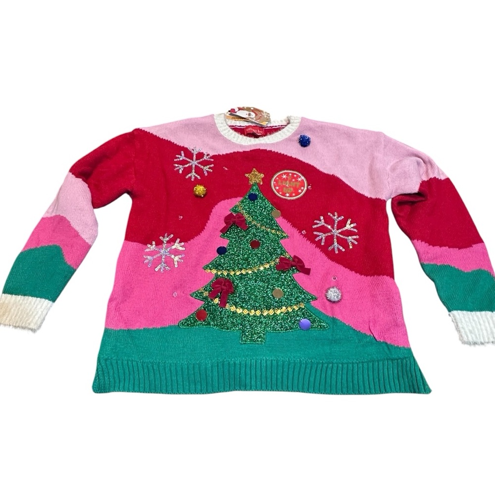 Blizzard Bay light up women’s medium sweater‎ Festive Pink and Green Christmas